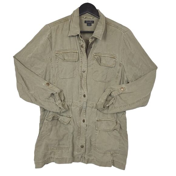 Lucky Brand Womens Military Style Shacket Sz Large Cinch Waist Roll Tabs Olive - Picture 2 of 14